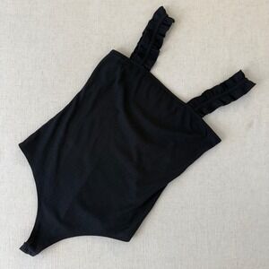 Simply Southern Womens Black Ribbed Ruffle Strap Bodice Bodysuit Small